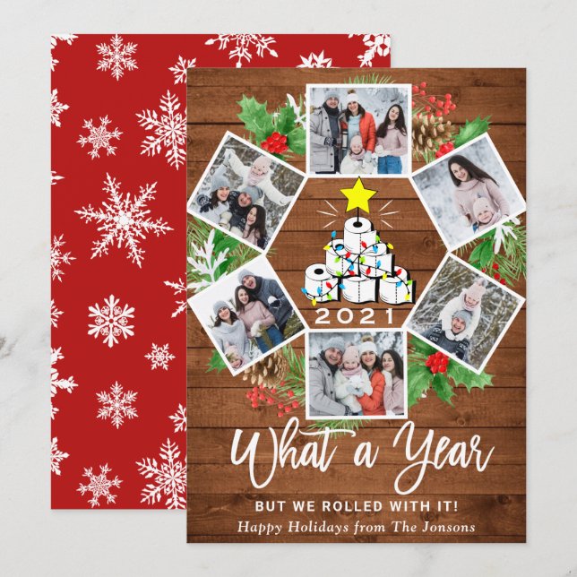 Funny What a Year Christmas Tree 6 PHOTO Holiday Card (Front/Back)