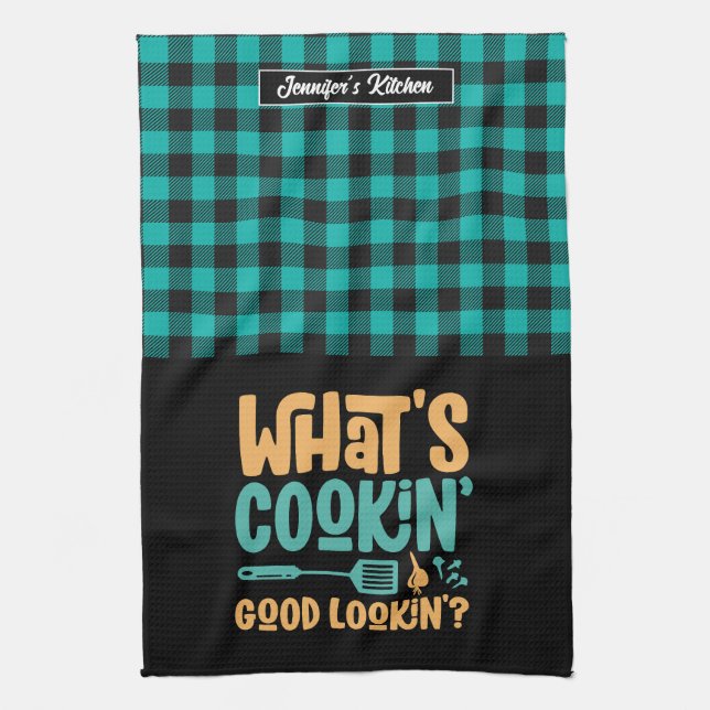 Funny What's Cooking Good Looking Personalised Tea Towel (Vertical)