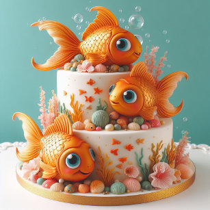 FUNNY WHIMSICAL BIG EYED GOLDFISH  BIRTHDAY CAKE CARD