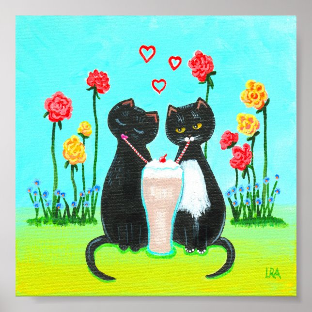 Funny Whimsical Black Cat Valentine Creationarts Poster (Front)