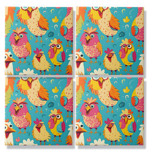 Funny Whimsical Cartoon Abstract Chickens Tile