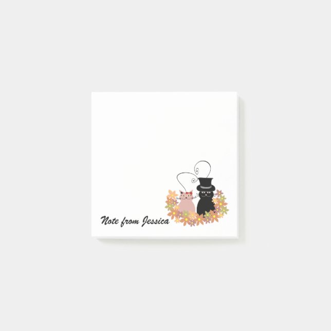 Funny whimsical cat love couple personalised post-it notes (Front)