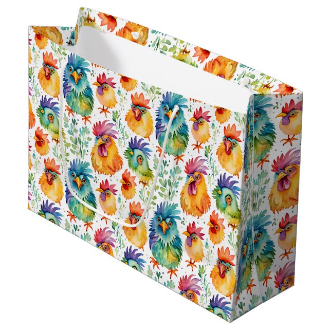 Funny Whimsical Chickens Colourful Birthday Large Gift Bag (Front Angled)