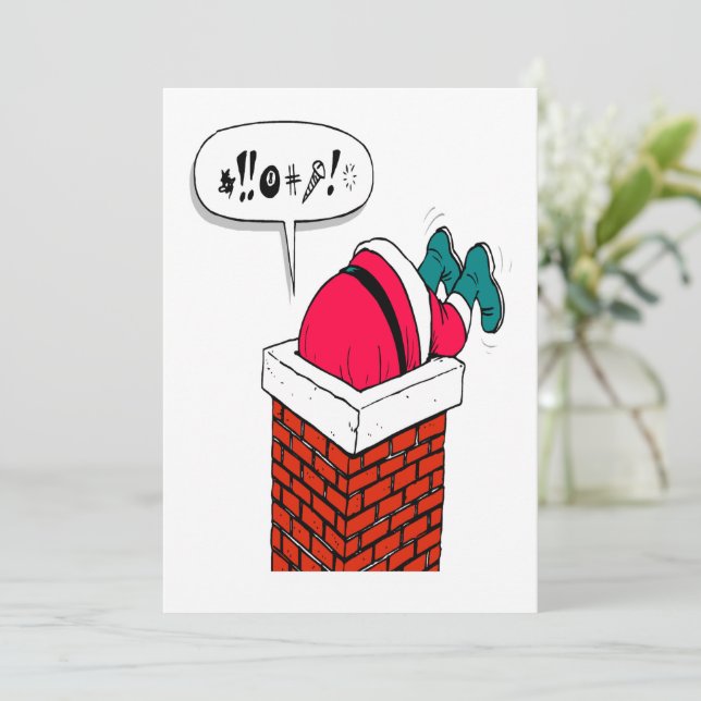 Funny Whimsical Christmas Santa got Stuck Holiday Card (Standing Front)