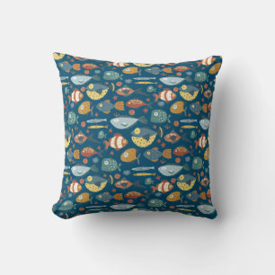 Funny Whimsical Ocean Sea Fish Blue Pattern Cushion