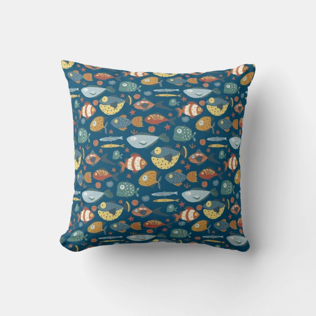 Funny Whimsical Ocean Sea Fish Blue Pattern Cushion (Front)
