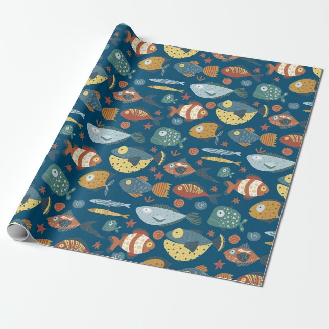 Funny Whimsical Ocean Sea Fish Blue Pattern Wrapping Paper (Unrolled)