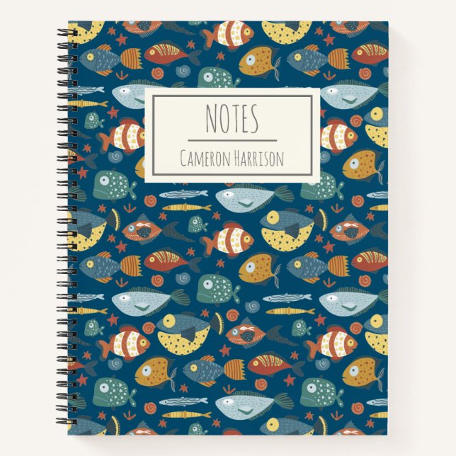 Funny Whimsical Ocean Sea Fish Blue Personalised Notebook (Front)