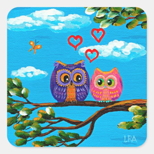 Funny Whimsical Owls in Love Hearts Creationarts Square Sticker