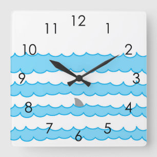 Funny Whimsical Shark Fin on Water Illustration Square Wall Clock