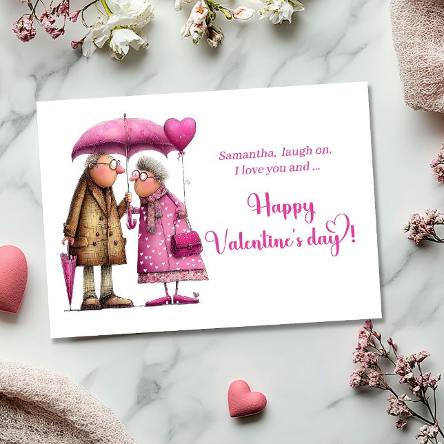 Funny Whimsical Valentine Hot Pink Love Couple Holiday Card (Funny Whimsical Valentine Card Hot Pink Love Couple)