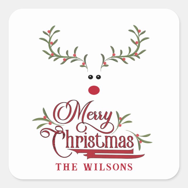 Funny whimsy holly berry reindeer Holiday  Square Sticker (Front)