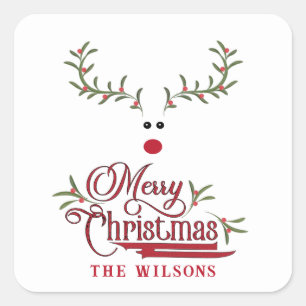 Funny whimsy holly berry reindeer Holiday Square Sticker