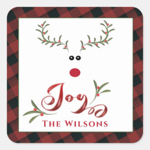 Funny whimsy holly reindeer joy Holiday plaid Square Sticker