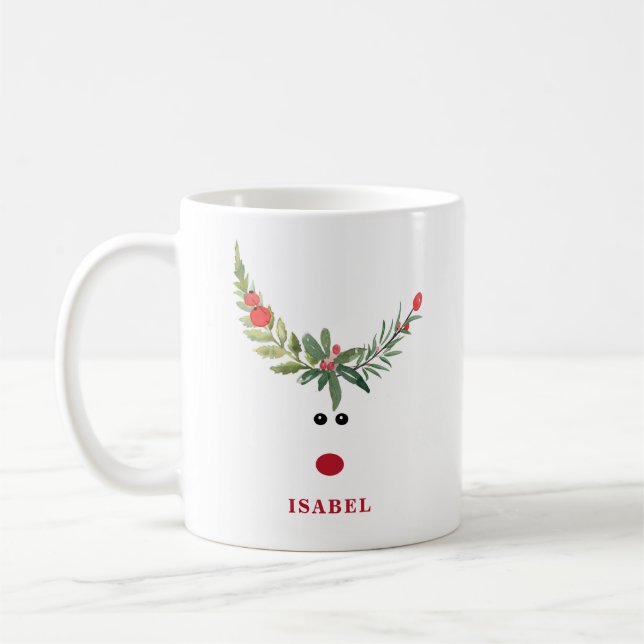 Funny whimsy holly reindeer joy personalised coffe coffee mug (Left)