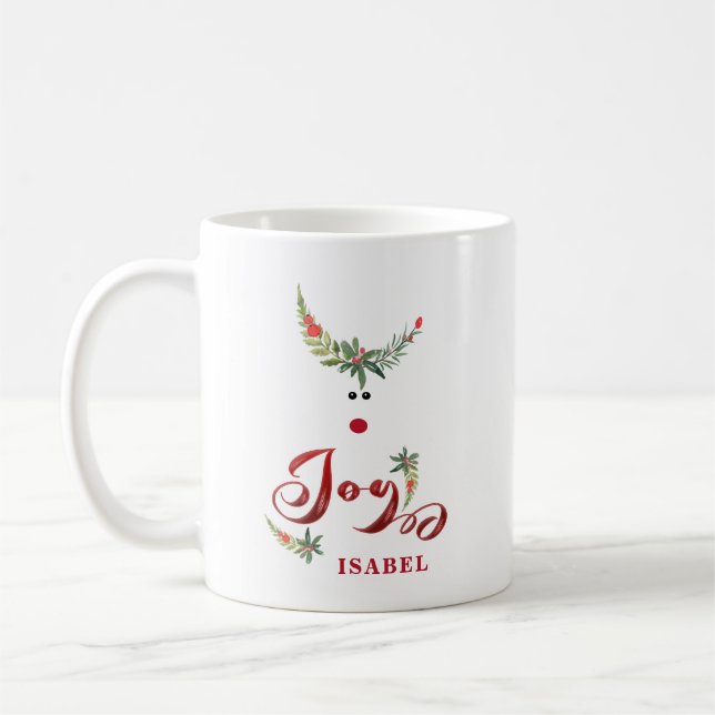 Funny whimsy holly reindeer joy personalised coffee mug (Left)