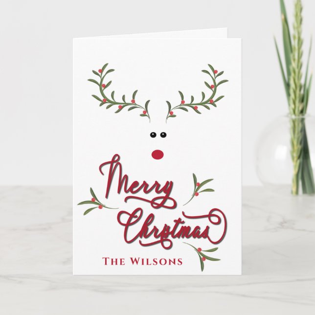 Funny whimsy holly reindeer  non photo Holiday Card (Front)