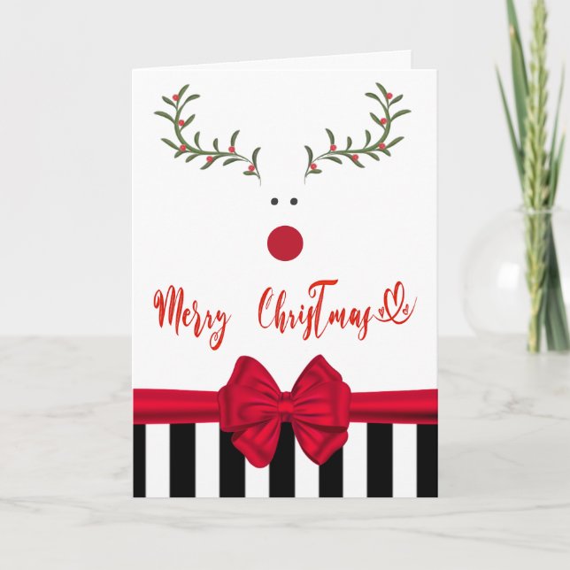 Funny whimsy holly reindeer red bow  holiday card (Front)