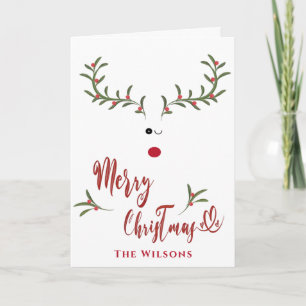 Funny whimsy holly reindeer Red non photo Holiday