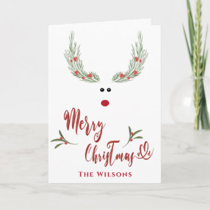 Funny whimsy holly reindeer Red non photo Holiday  Card