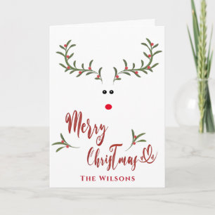 Funny whimsy holly reindeer Red non photo Holiday  Card