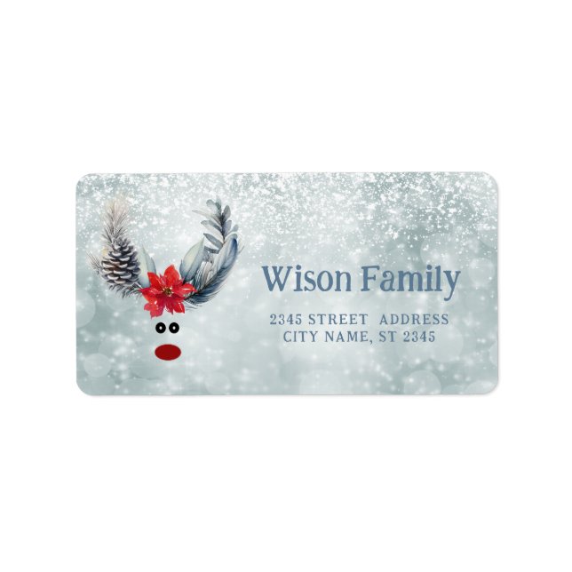 Funny whimsy poinsettia reindeer holiday label (Front)