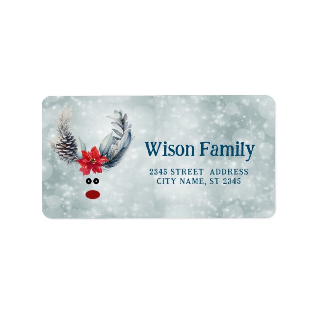 Funny whimsy poinsettia reindeer holiday label (Front)
