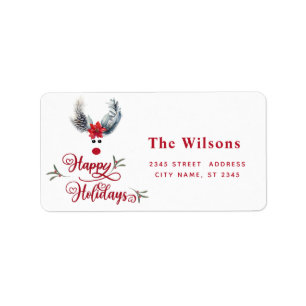 Funny whimsy poinsettia reindeer Holiday Label