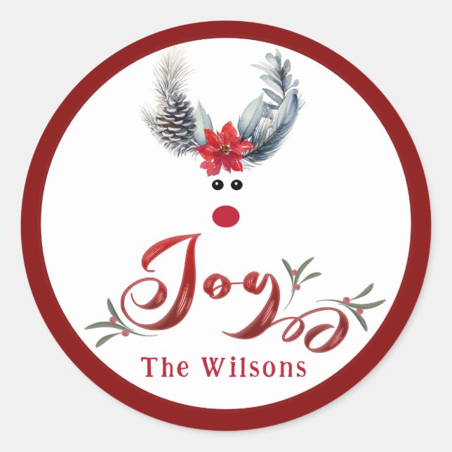 Funny whimsy poinsettia reindeer joy Holiday  Classic Round Sticker (Front)