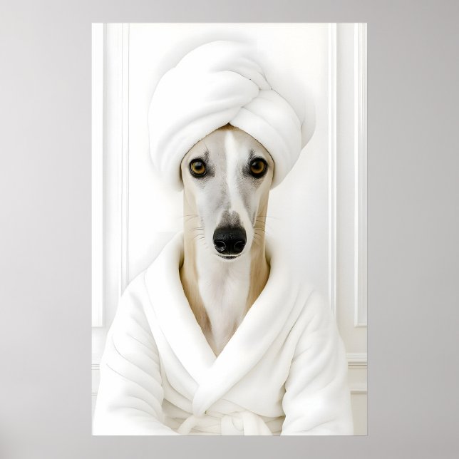 Funny Whippet Bathroom Print, Whippet In Bathrobe Poster (Front)
