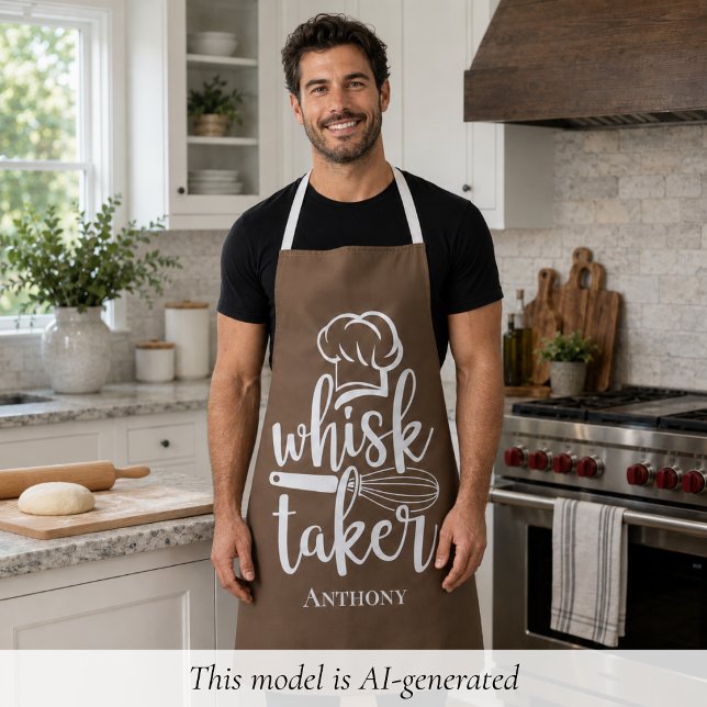 Funny Whisk Taker Apron (funny brown whisk taker apron for baking men with custom name monogram)