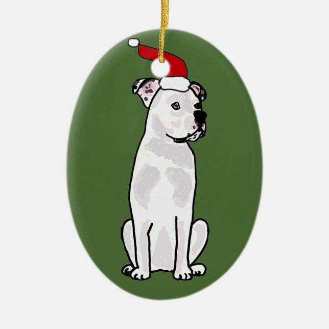 Funny White American Bulldog Christmas Design Ceramic Tree Decoration (Front)