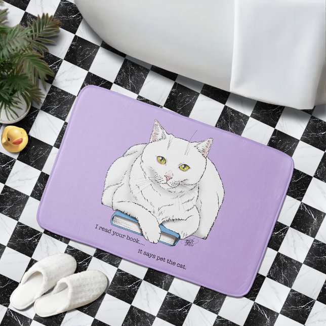 Funny White Cat Book Reading Humor Purple Bath Mat (Creator Uploaded)
