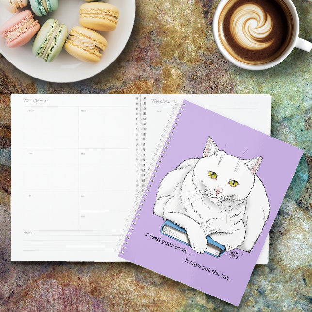 Funny White Cat Book Reading Humor Purple Planner (Creator Uploaded)