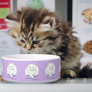 Funny White Cat Book Reading Humour Purple Bowl