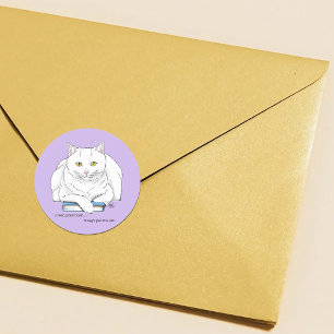 Funny White Cat Book Reading Humour Purple Classic Round Sticker