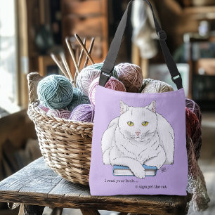 Funny White Cat Book Reading Humour Purple Crossbody Bag