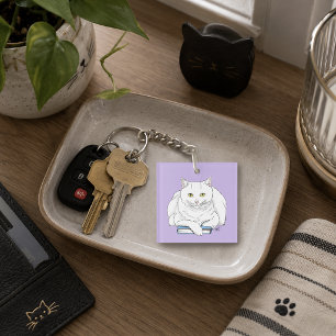 Funny White Cat Book Reading Humour Purple Key Ring
