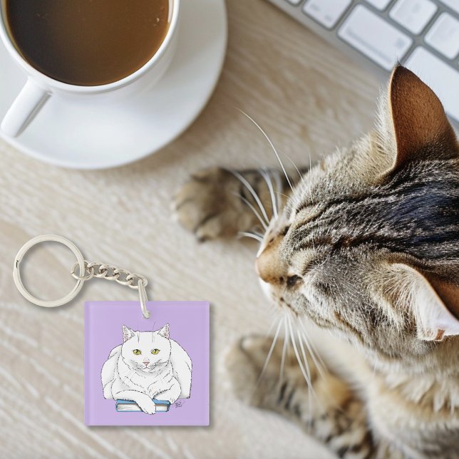 Funny White Cat Book Reading Humour Purple Key Ring (Creator Uploaded)
