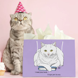 Funny White Cat Book Reading Humour Purple Large Gift Bag
