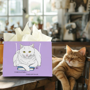 Funny White Cat Book Reading Humour Purple Large Gift Bag