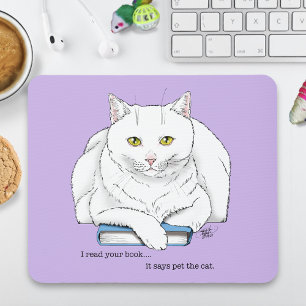 Funny White Cat Book Reading Humour Purple Mouse Mat