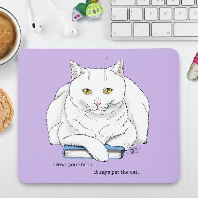 Funny White Cat Book Reading Humour Purple Mouse Mat (Creator Uploaded)