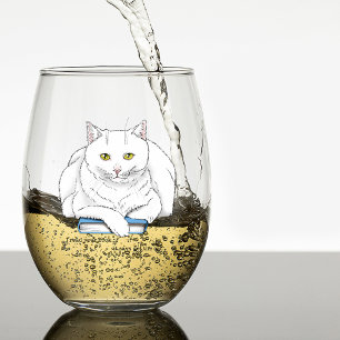 Funny White Cat Book Reading Humour Purple Stemless Wine Glass