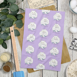Funny White Cat Book Reading Humour Purple Tea Towel