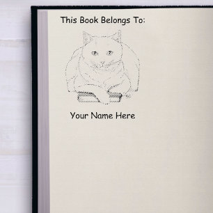 Funny White Cat Book Reading  Purple Bookplate Rubber Stamp