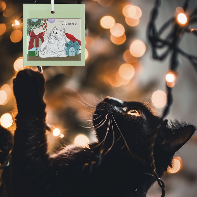 Funny White Cat Christmas Tree Ornaments Green (Creator Uploaded)