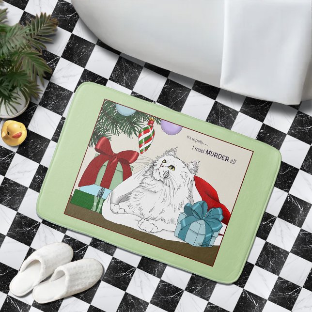 Funny White Cat Christmas Tree Ornaments Green Bath Mat (Creator Uploaded)