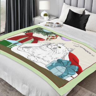Funny White Cat Christmas Tree Ornaments Green Fleece Blanket