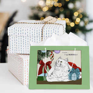 Funny White Cat Christmas Tree Ornaments Green Large Gift Bag